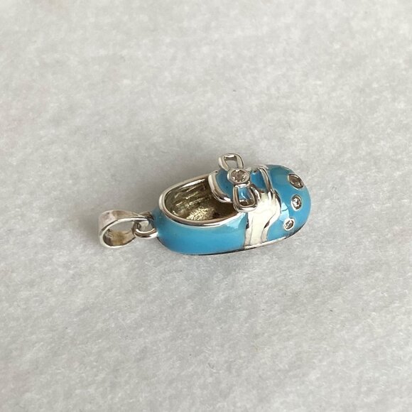 Sterling Silver 925 Blue Blank Engraveable Baby Boy Shoe Pendant Charm Baby Gift - Picture 14 of 14